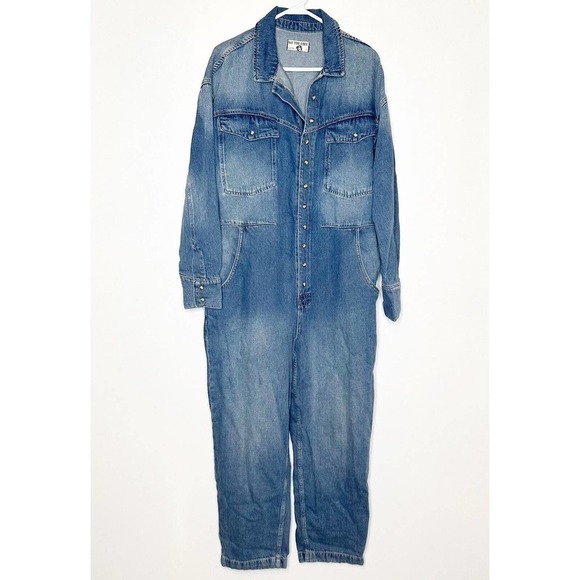 NWT Free People X Cares FP Townes Denim Jumpsuit Coverall High Noon Women's L - Picture 2 of 10